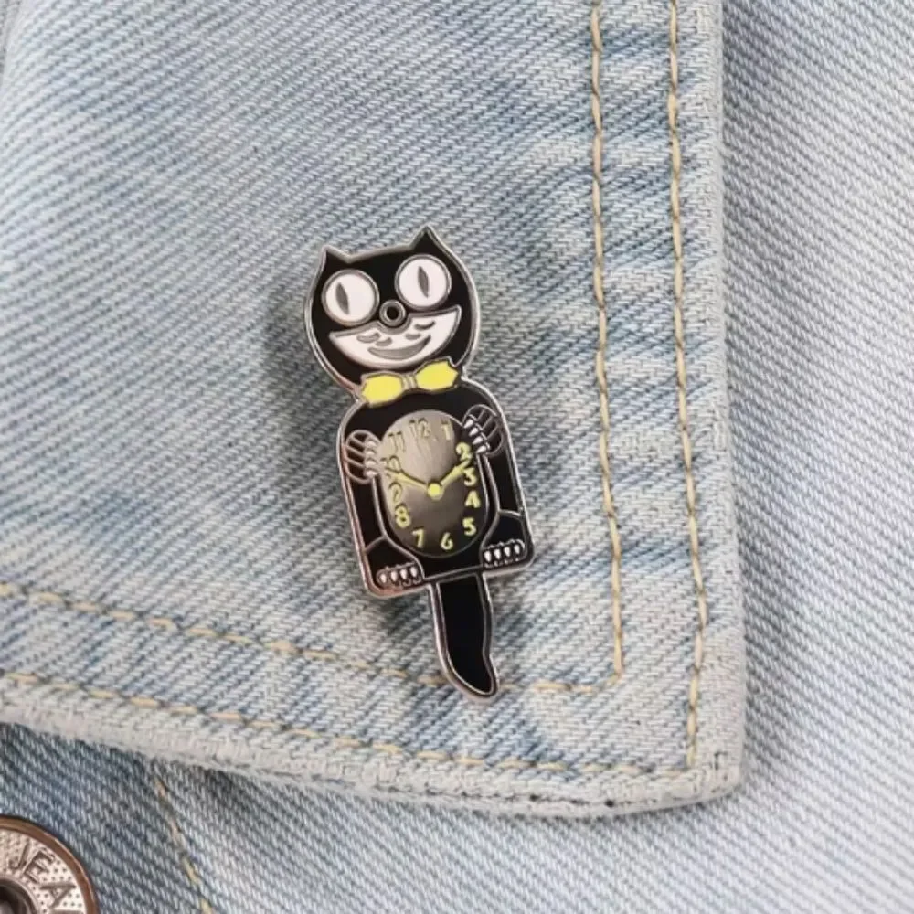 Retro Atomic Cat Clock Lapel Pin Brooch Black Kitty Vintage Look Jewelry 60s